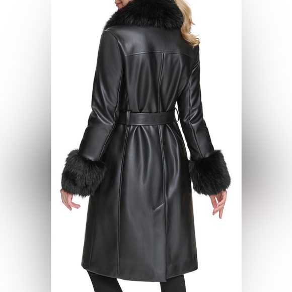 Black Faux Fur Trim Leather Coat size small - Picture 3 of 7